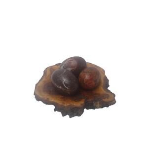 Pakistan Made Stone Carved Eggs With Live Edge Wood Tray